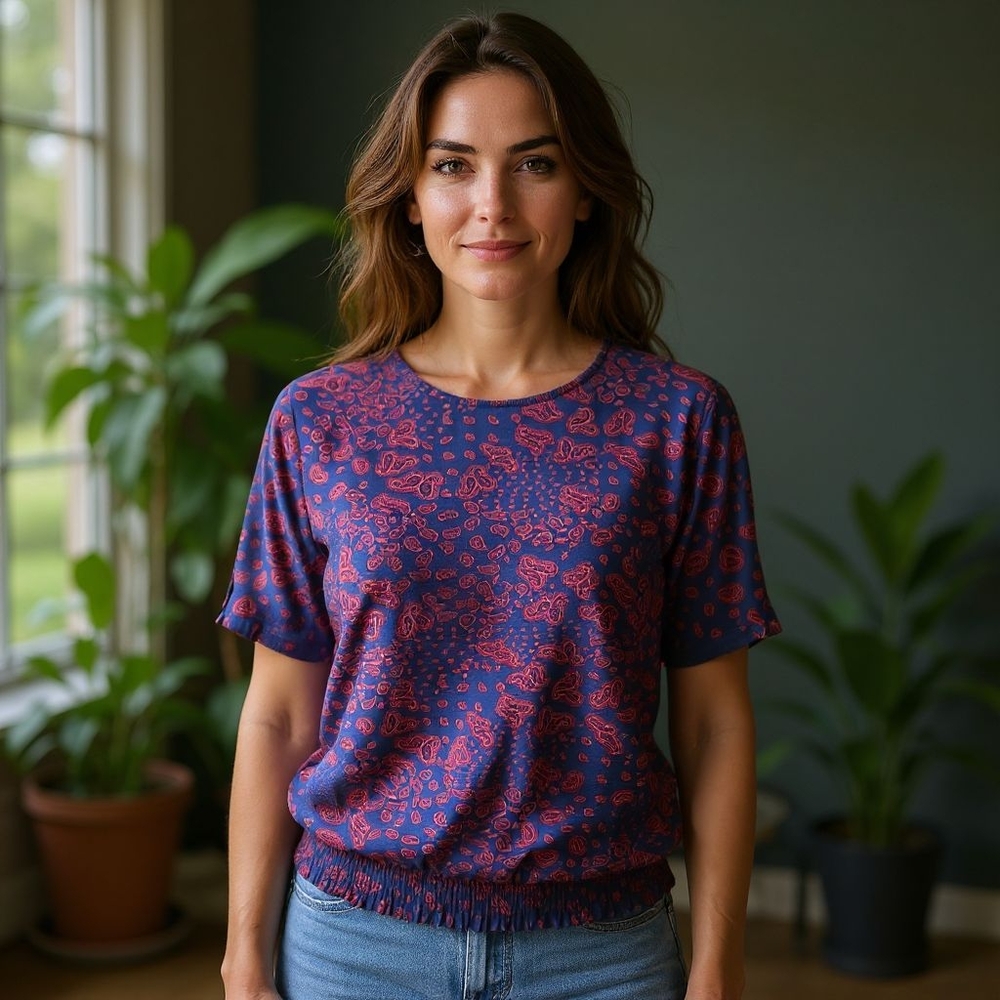 Michael Kors Paisley Blue and Red Short Sleeve Blouse Smocked Hem Women's Size M